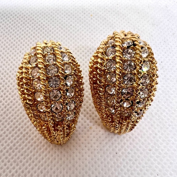 Vintage Louis Dell ‘Olio Gold Plated Pave’ Rhinestone Clip On Earrings EUC - Picture 7 of 11